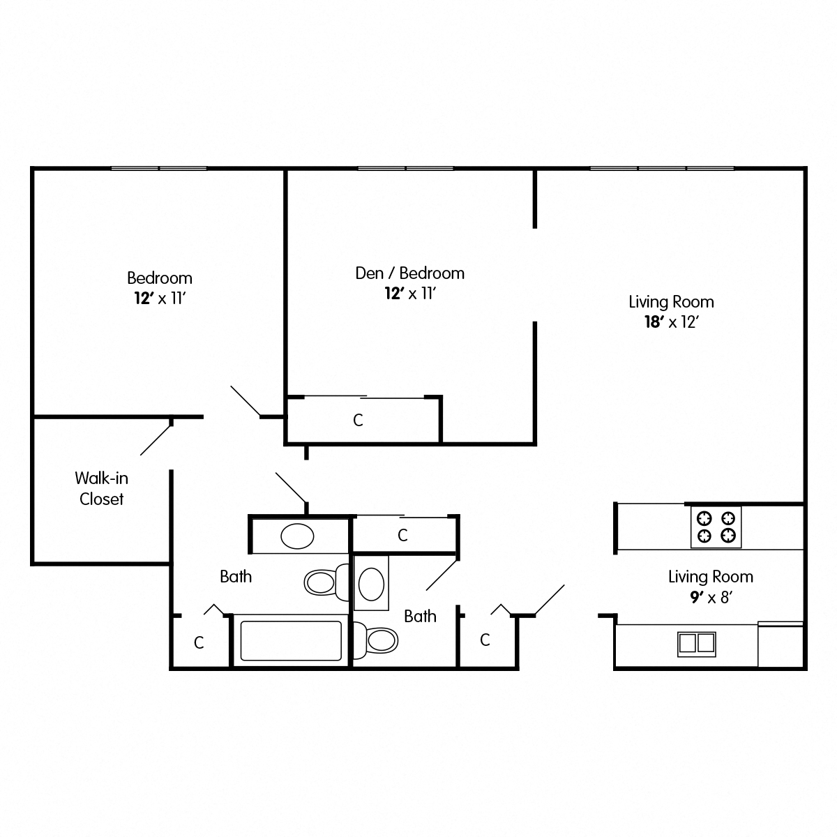 Floor plan for 1 bed, 1.5 baths, 910 sqft